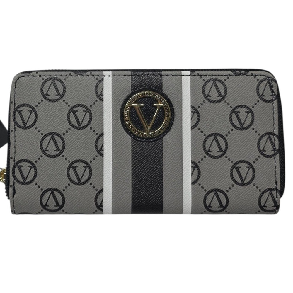 Vera New York Zip Around Wallet Womens Black Grey Logo Signature Stripe New